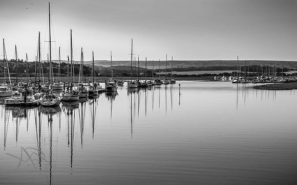 Mast reflections II, Yarmouth Harbour B&W